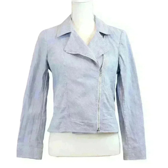 Ann Taylor Baby Blue Denim Cropped Jacket Asymmetrical Zip Size Small Petite - Picture 1 of 7